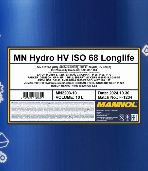 Mannol Hydrol Iso 68 Longlife 20L - ΥΔΡΑΥΛΙΚΑ ΛΙΠΑΝΤΙΚΑ MANNOL ISO VG 68 20ΛΤΡ - Image 2